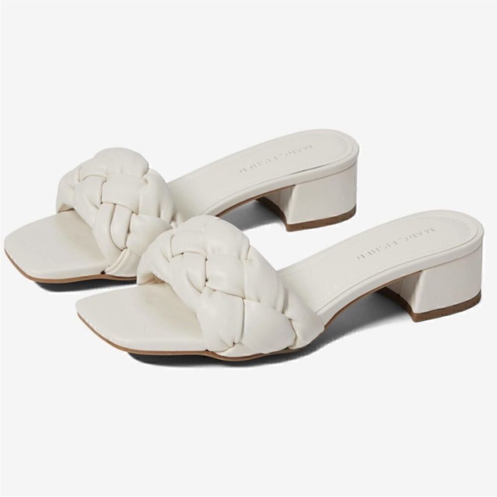 Marc Fisher Calvie Braided Ivory Cream White Block Heel Slide Sandals